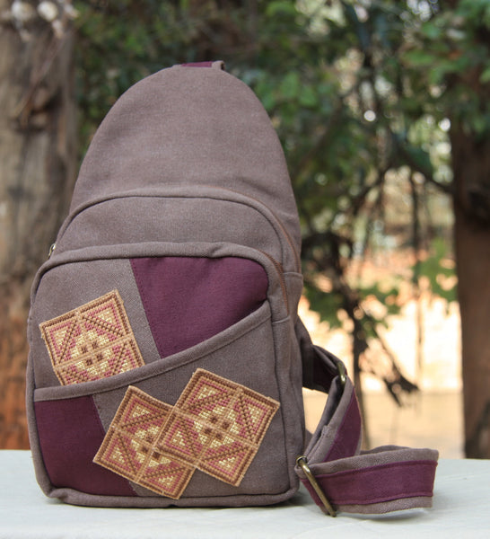 Hmong Handmade Burgundy Cross Stitch Sling Bag